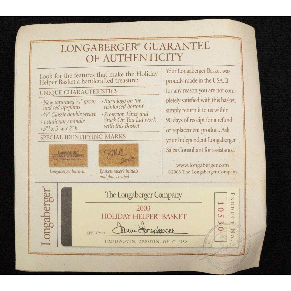 Longaberger 2003 Holiday Helper Basket Stuck On You Liner Protector Notes Flyer - Picture 11 of 12
